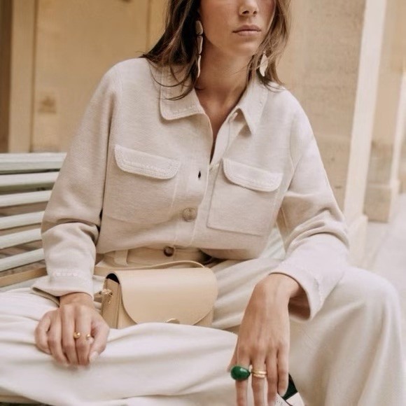 Sezane Sweaters - La‎ Maille Sezane Betty Cardigan Women's XXS Beige Crochet Trim 100% Merino Wool